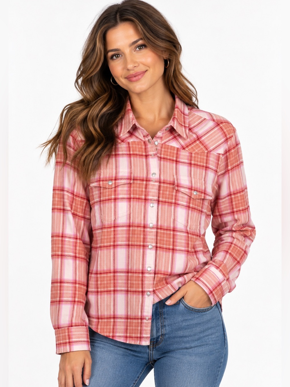 J.Crew Women’s Pink Plaid Western Button-Up Shirt – Size 14 Slim Fit